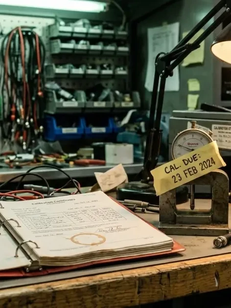 Calibration lab bench illustrating preventive maintenance vs calibration, with a tagged gauge and certificate binder