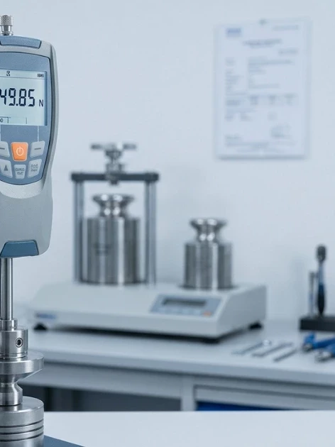 A gloved technician holds a digital push-pull force gauge, displaying a 49.85 N reading, during push-pull force gauge calibration against reference weights in a metrology lab