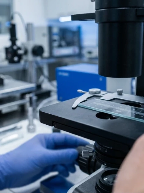 A calibration technician in blue nitrile gloves positions a glass stage micrometer under a precision optical measurement system as part of stage micrometer calibration in an ISO-accredited metrology lab.