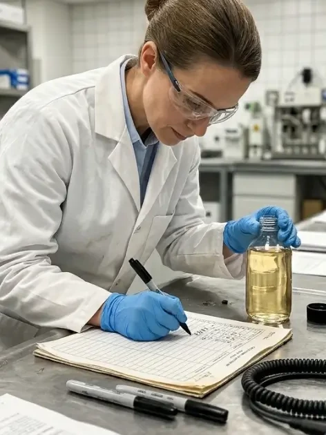 Lab technician logging a calibration reading beside bottles of conductivity standard solutions on a QA lab bench