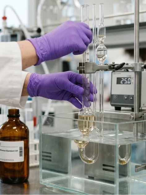 A lab technician calibrates glass capillary viscometers against a certified viscosity reference standard in a temperature-controlled water bath, with a labeled amber reference oil bottle on the bench.