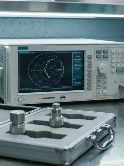 A technician performing a VNA calibration procedure, torquing a calibration standard onto the analyzer's test port.